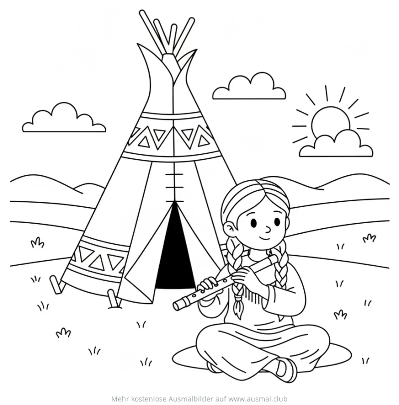 Indianerin spielt Flöte vor Tipi Ausmalbild