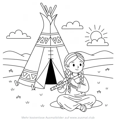 Indianerin spielt Flöte vor Tipi Ausmalbild