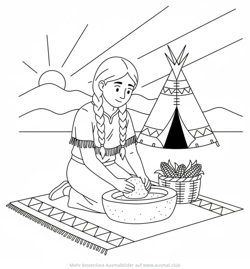 Indianerin mahlt Mais vor Tipi Ausmalbild