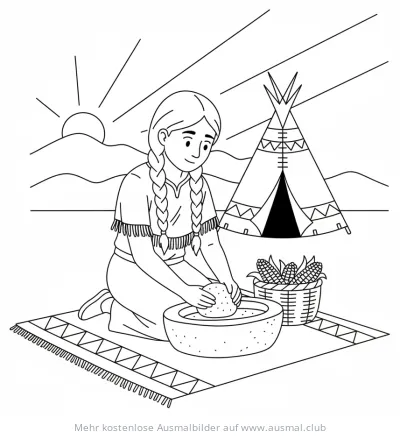 Indianerin mahlt Mais vor Tipi Ausmalbild