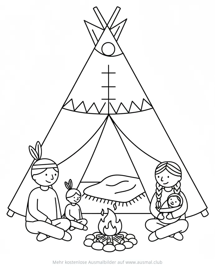 Indianerfamilie vor Tipi am Lagerfeuer Ausmalbild