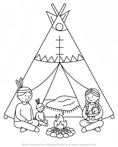 Indianerfamilie vor Tipi am Lagerfeuer Ausmalbild