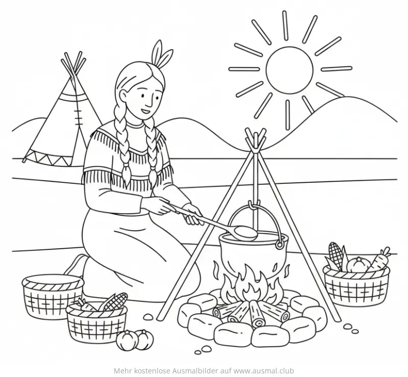 Indianerin kocht über dem Lagerfeuer Ausmalbild