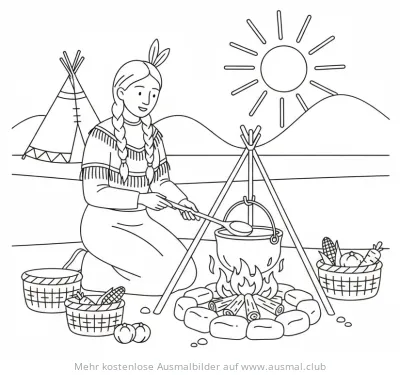 Indianerin kocht über dem Lagerfeuer Ausmalbild