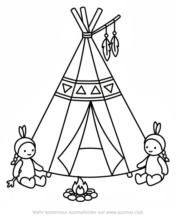 Indianerpuppen vor Tipi mit Lagerfeuer Ausmalbild