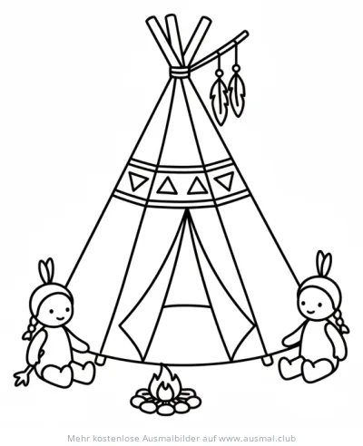 Indianerpuppen vor Tipi mit Lagerfeuer Ausmalbild