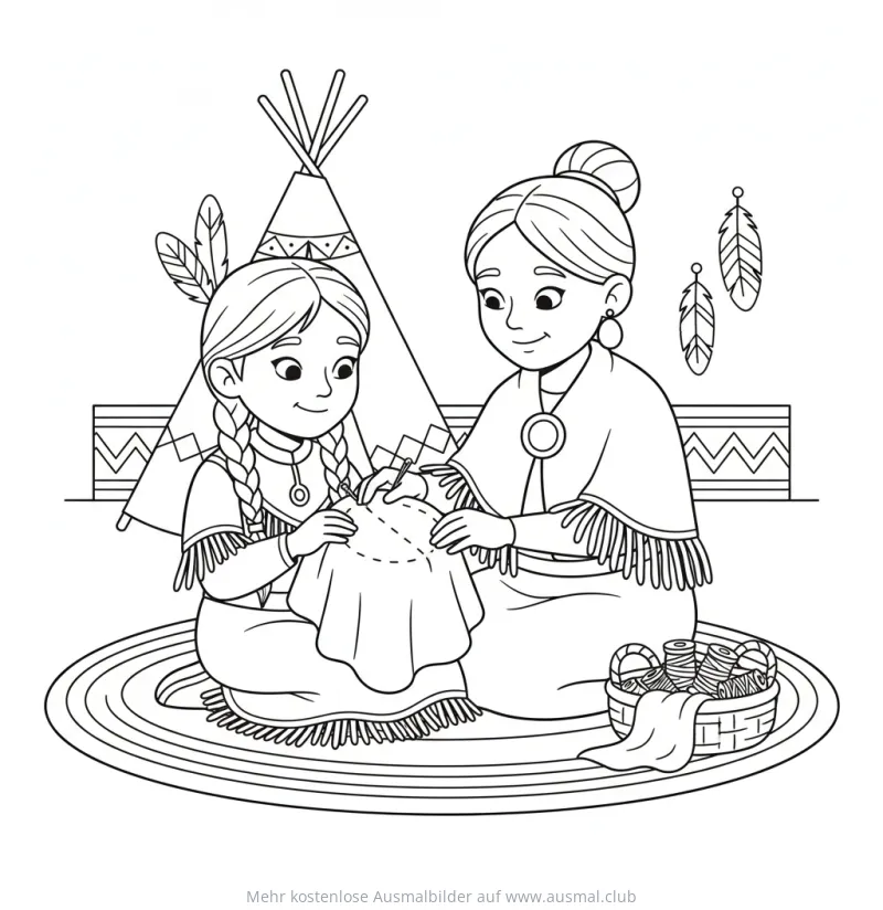 Indianerin und Tochter nähen vor Tipi Ausmalbild