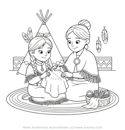 Indianerin und Tochter nähen vor Tipi Ausmalbild