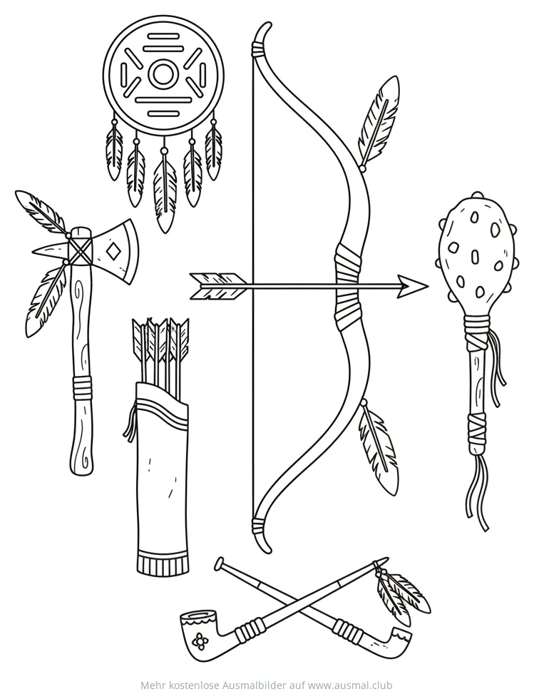 Indianer Werkzeuge Ausmalbild mit Bogen, Axt, Pfeifen, Köcher und Traumfänger