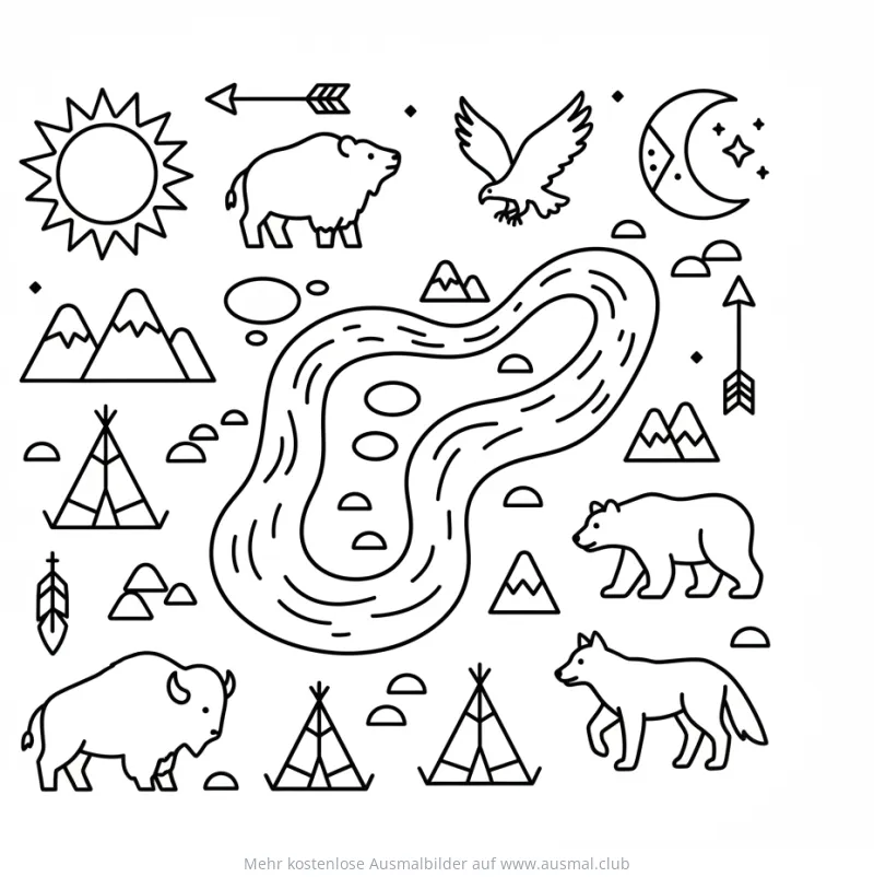 Indianer Landkarte Ausmalbild mit Tieren und Tipis
