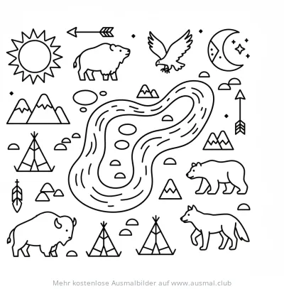 Indianer Landkarte Ausmalbild mit Tieren und Tipis