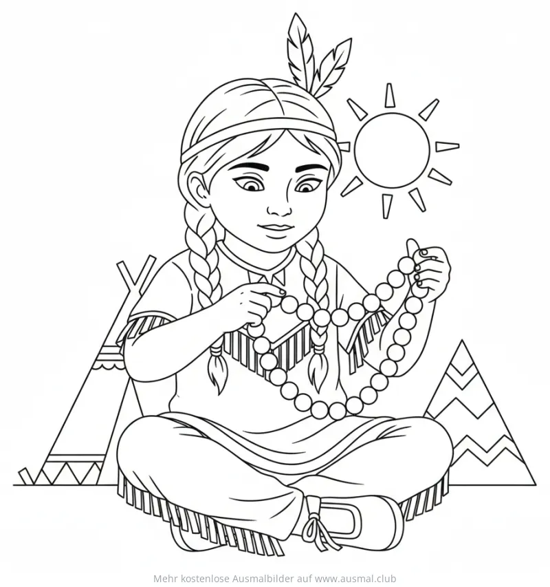 Indianermädchen fädelt Perlenkette auf, Ausmalbild