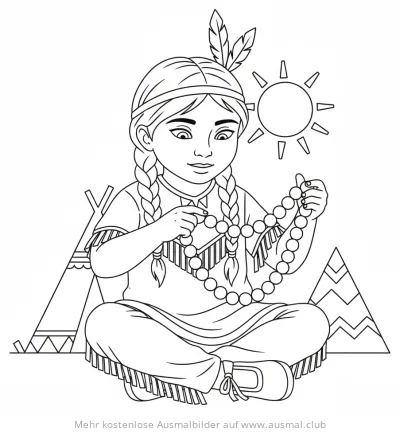 Indianermädchen fädelt Perlenkette auf, Ausmalbild