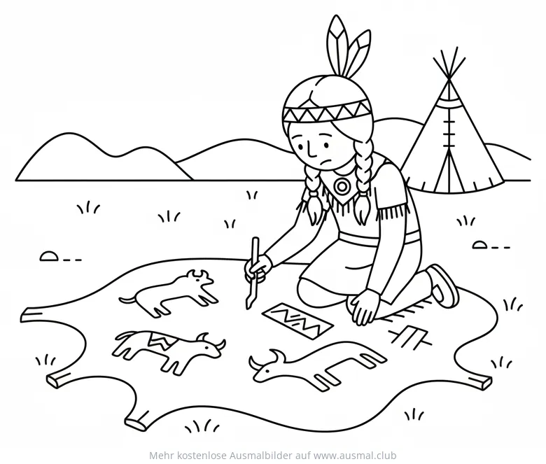 Indianermädchen malt auf Büffelhaut Ausmalbild