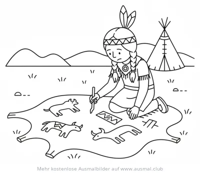 Indianermädchen malt auf Büffelhaut Ausmalbild