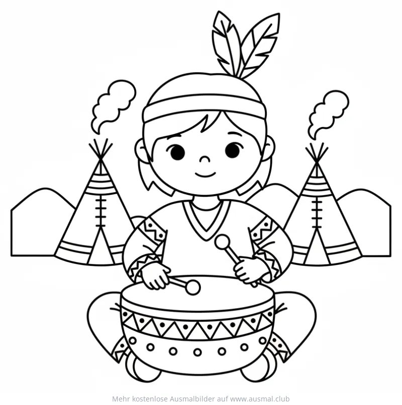 Indianerjunge spielt Trommel vor Tipis Ausmalbild