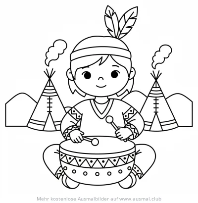 Indianerjunge spielt Trommel vor Tipis Ausmalbild