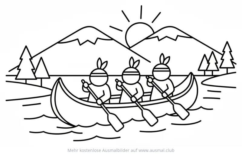 Indianer im Kanu Ausmalbild vor Berglandschaft
