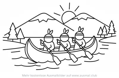 Indianer im Kanu Ausmalbild vor Berglandschaft