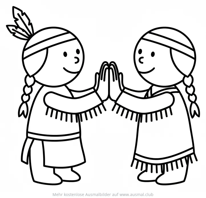 Zwei Indianer Kinder reichen sich die Hände Ausmalbild
