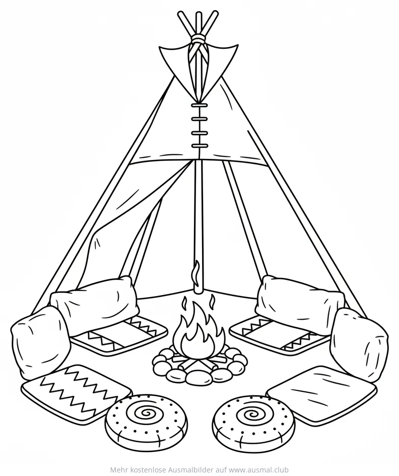 Tipi Innenraum mit Feuerstelle und Sitzgelegenheiten Ausmalbild
