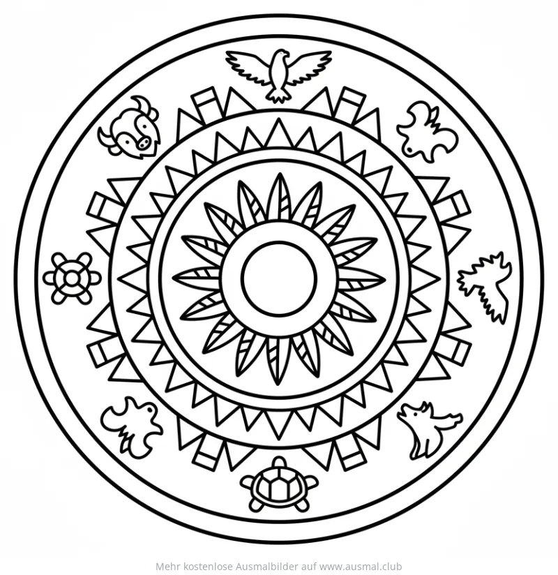 Indianer Mandala Ausmalbild mit Adler, Büffel und Schildkröten