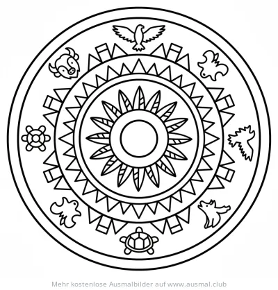 Indianer Mandala Ausmalbild mit Adler, Büffel und Schildkröten