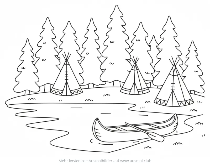 Indianer Tipis am See mit Kanu Ausmalbild