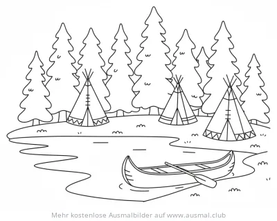 Indianer Tipis am See mit Kanu Ausmalbild