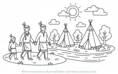 Indianer Familie mit Tipis Ausmalbild