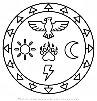 Indianer Schild Ausmalbild mit Adler, Bärenpfote, Sonne und Mond