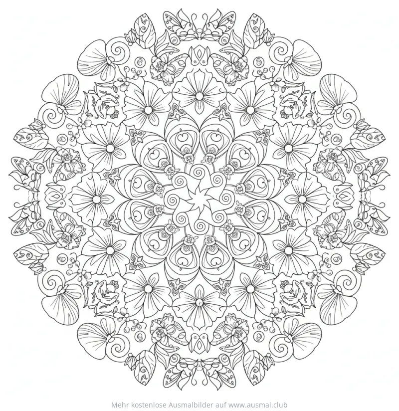 Frühlings Mandala Ausmalbild mit Blumen und Schmetterlingen