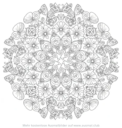 Frühlings Mandala Ausmalbild mit Blumen und Schmetterlingen