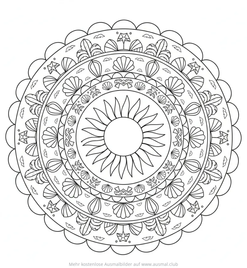 Sommer Mandala Ausmalbild mit Sonne, Muscheln und Seesternen