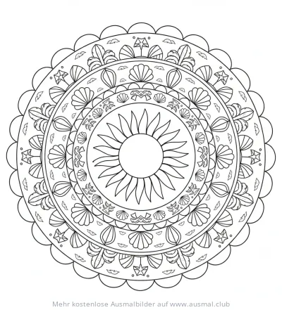 Sommer Mandala Ausmalbild mit Sonne, Muscheln und Seesternen