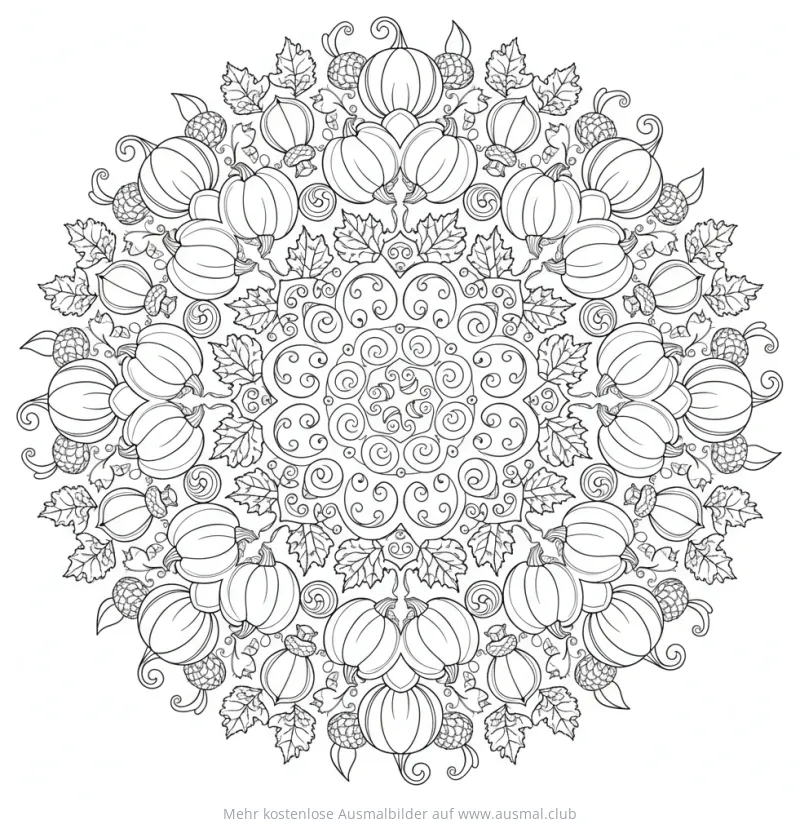 Herbst Mandala Ausmalbild mit Kürbissen und Eicheln