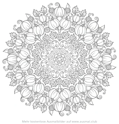 Herbst Mandala Ausmalbild mit Kürbissen und Eicheln
