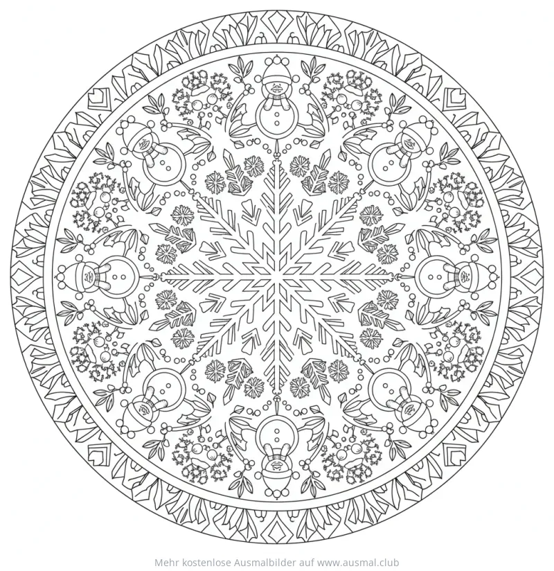 Winter Mandala Ausmalbild mit Schneeflocken und Schneemännern