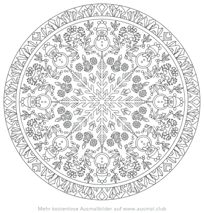 Winter Mandala Ausmalbild mit Schneeflocken und Schneemännern