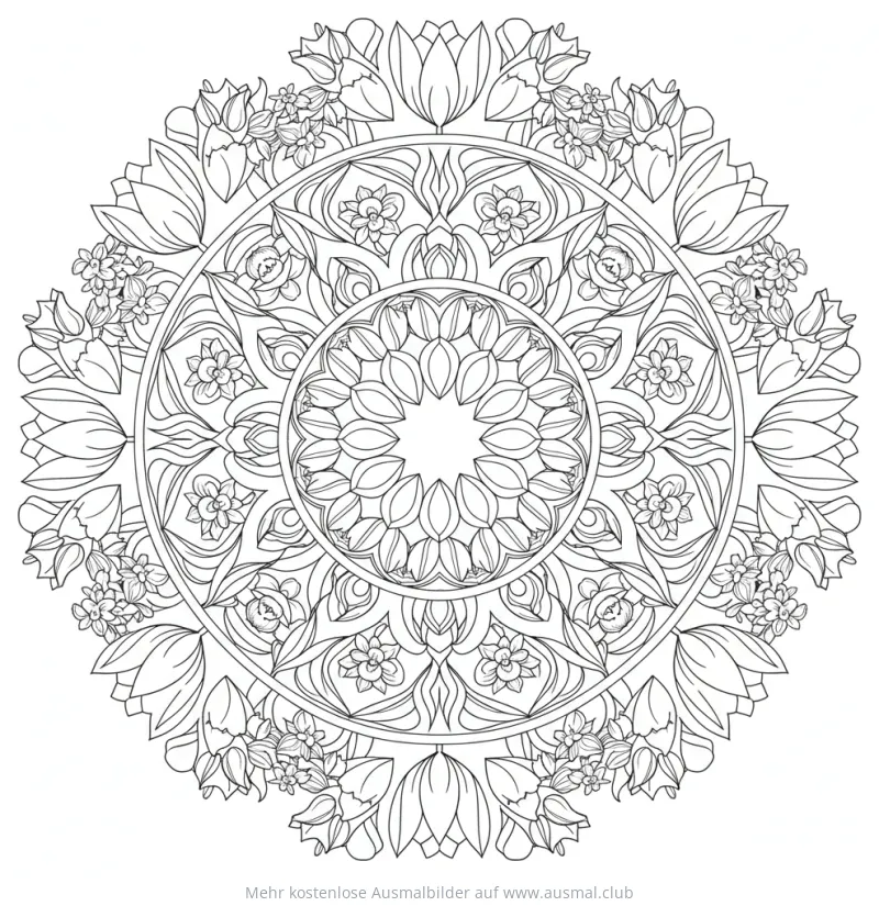 Blumen Mandala Ausmalbild mit Tulpen und kleinen Blüten