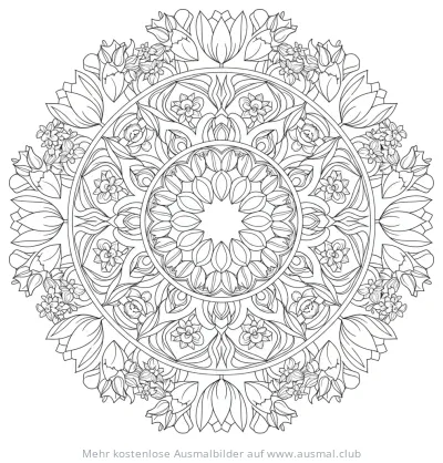 Blumen Mandala Ausmalbild mit Tulpen und kleinen Blüten