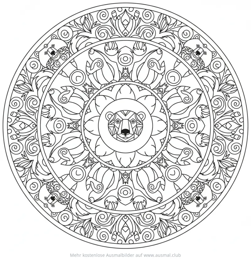 Tiermandala Ausmalbild mit Bären und floralen Mustern