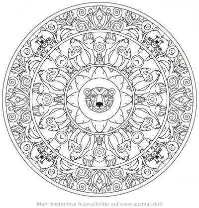 Tiermandala Ausmalbild mit Bären und floralen Mustern
