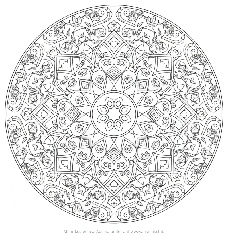 Garten Mandala Ausmalbild mit Blumen und Blättern