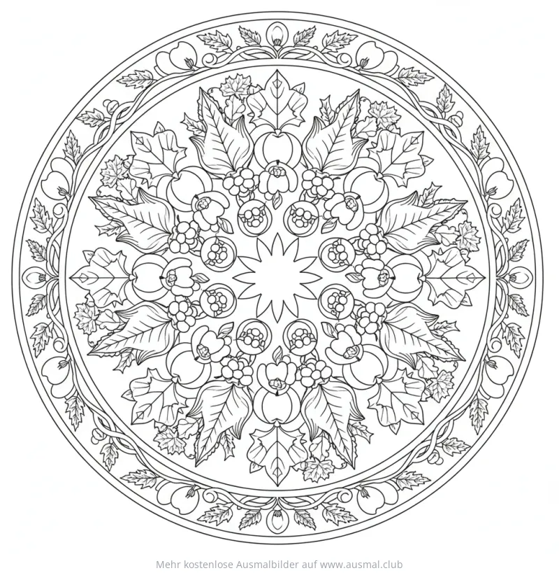 Ernte Mandala Ausmalbild mit Äpfeln, Blättern und Beeren