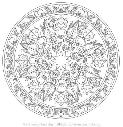 Ernte Mandala Ausmalbild mit Äpfeln, Blättern und Beeren