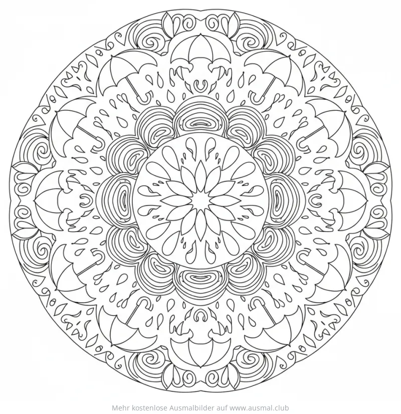 Regen Mandala Ausmalbild mit Regenschirmen und Regentropfen