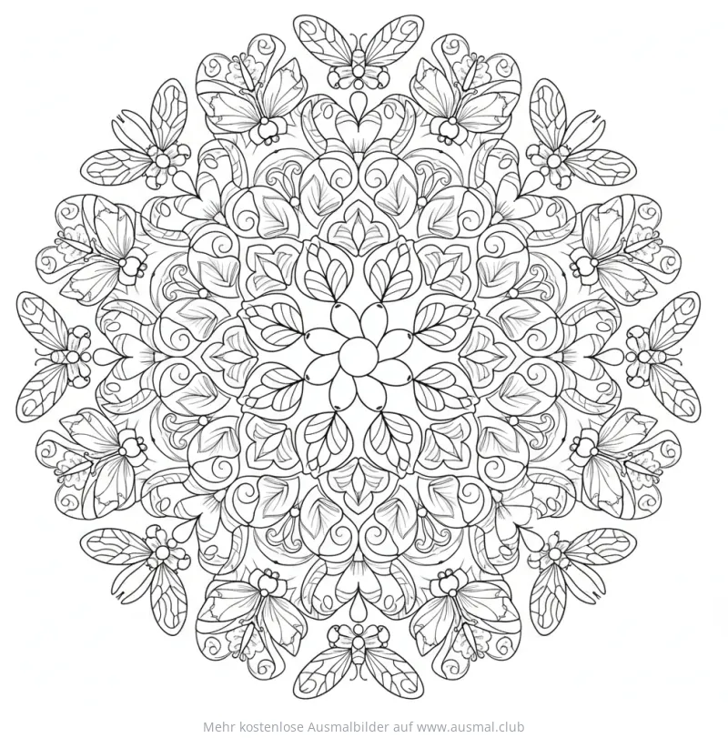 Frühlings Mandala mit Blumen und Schmetterlingen Ausmalbild