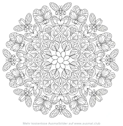 Frühlings Mandala mit Blumen und Schmetterlingen Ausmalbild