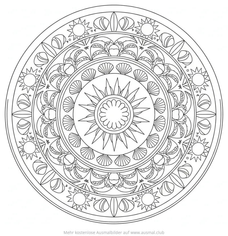 Sommerliches Mandala mit Sonnen, Muscheln und Blättern Ausmalbild